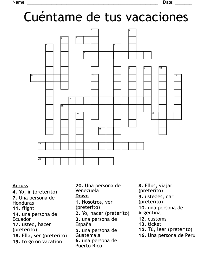 Cuéntame de tus vacaciones  Crossword