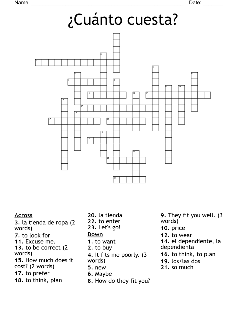 ¿Cuánto cuesta? Crossword