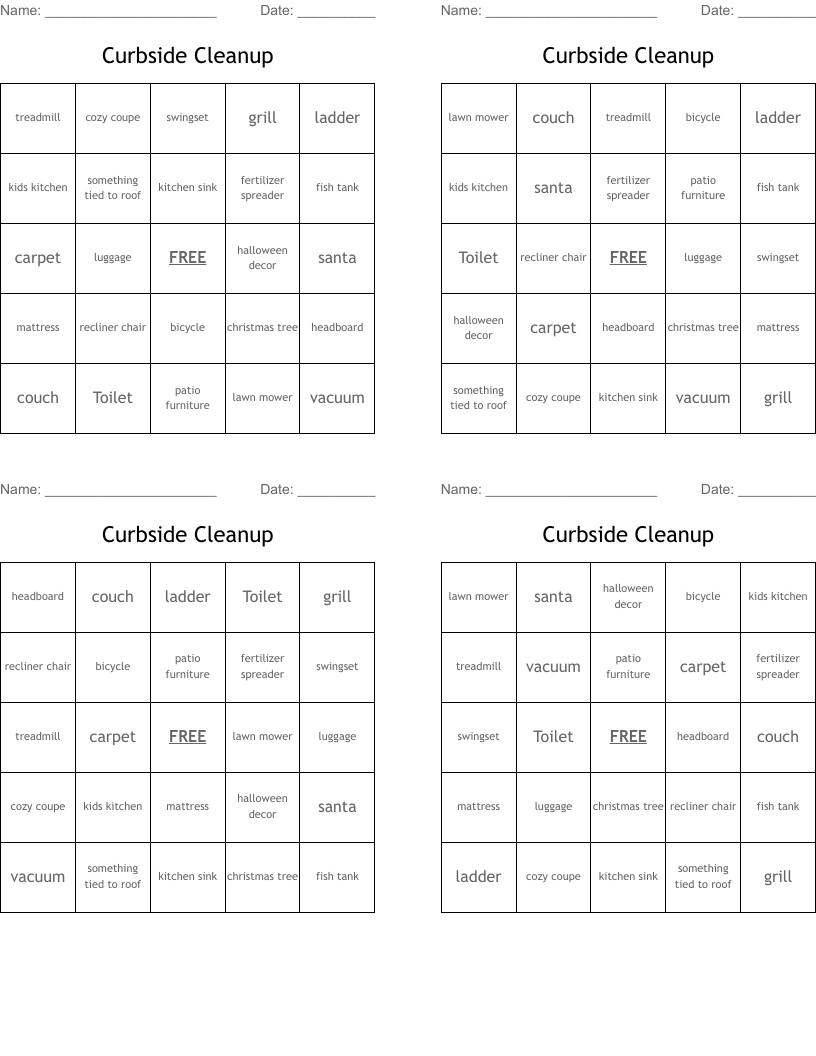 Curbside Cleanup Bingo Cards