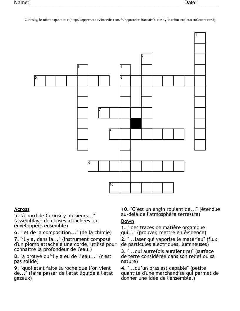 Curiosity, le robot explorateur (http://apprendre.tv5monde.com/fr/apprendre-francais/curiosity-le-robot-explorateur?exercice=1) Crossword