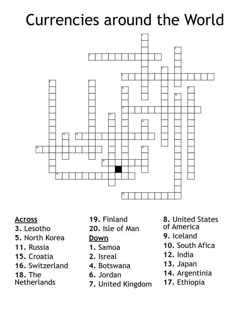 Currencies around the World Crossword