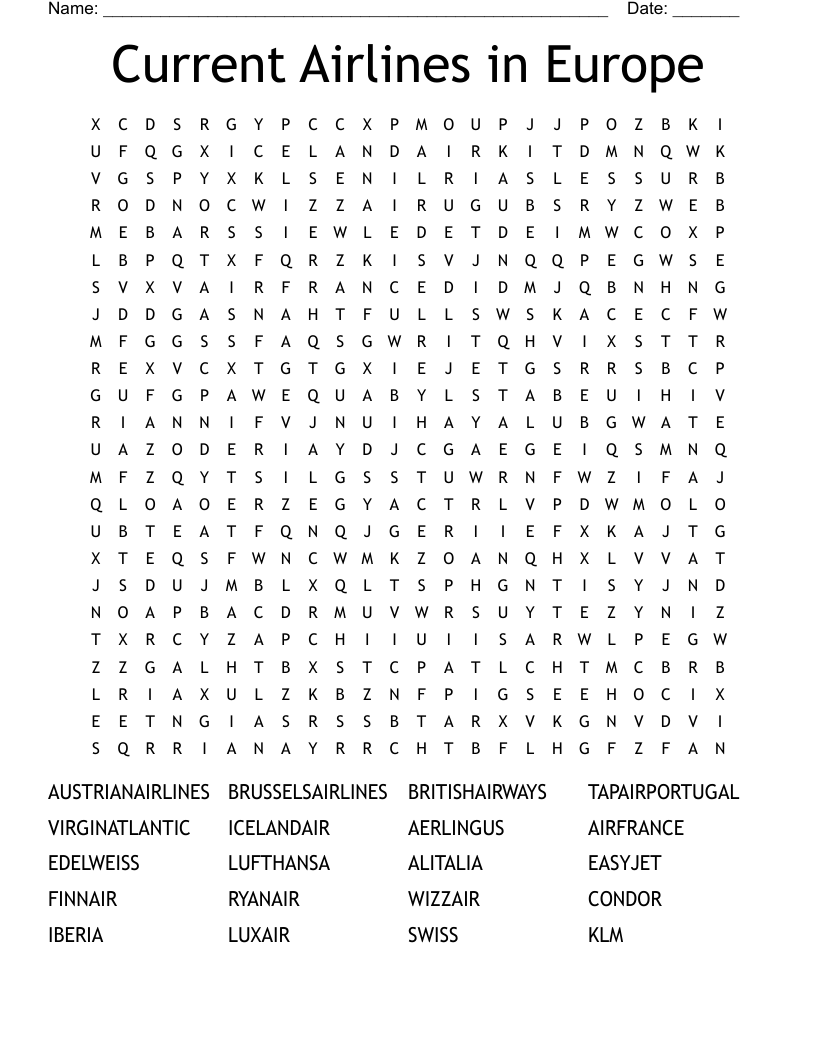 Current Airlines in Europe Word Search