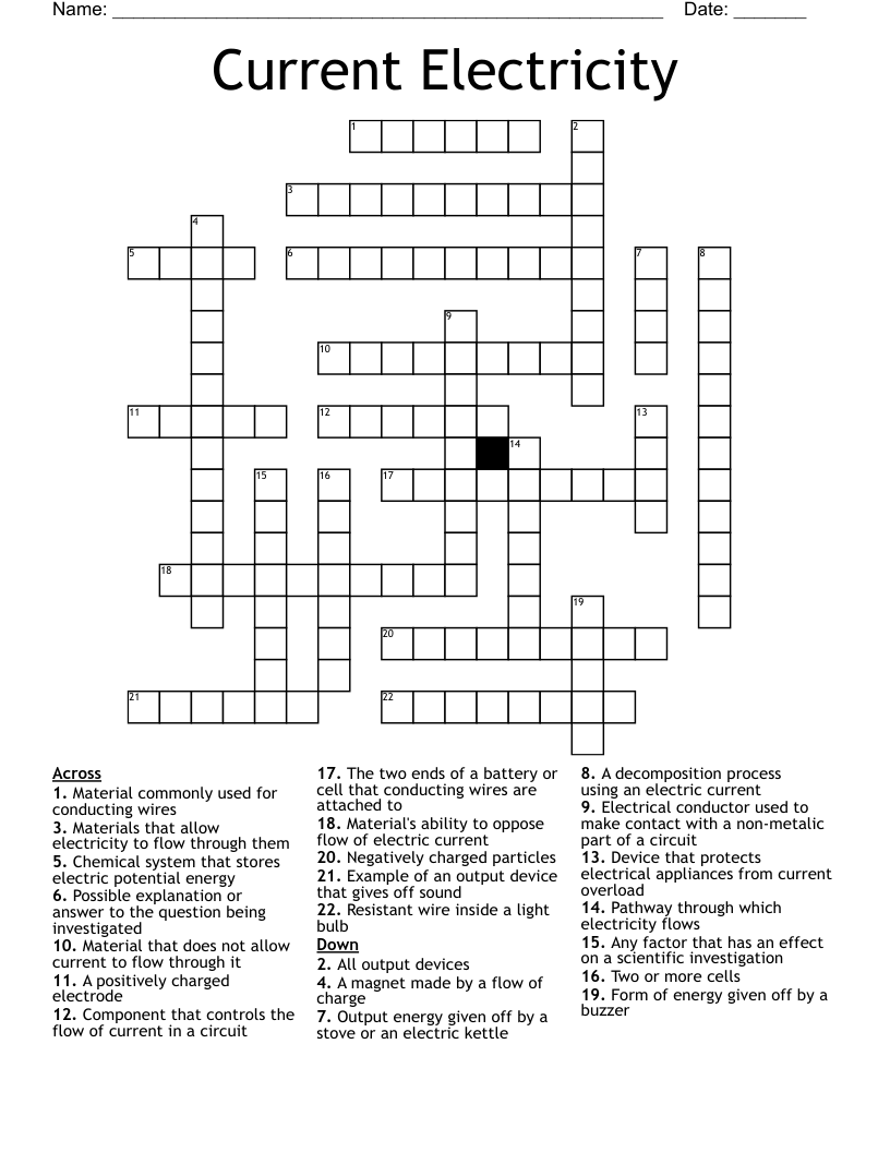 Current Electricity Crossword