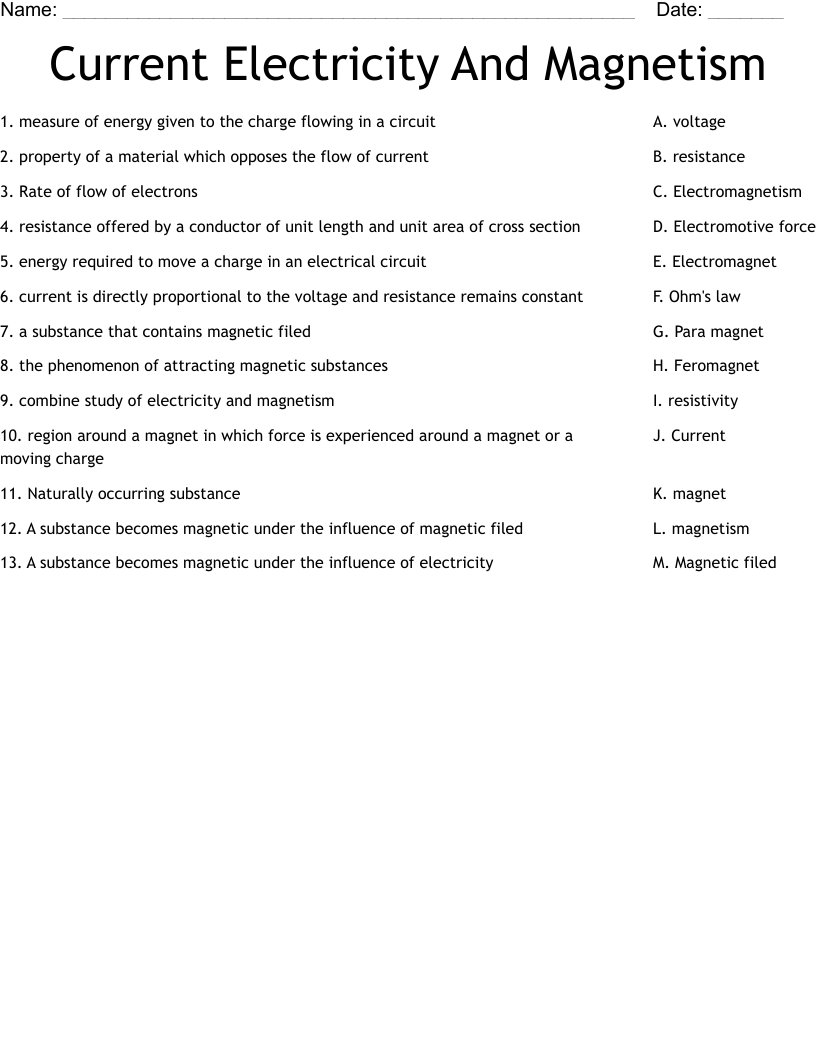 Current Electricity And Magnetism  Worksheet
