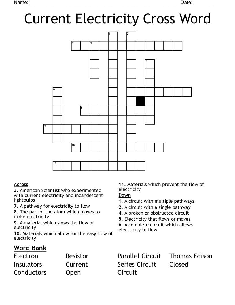 Current Electricity Cross Word