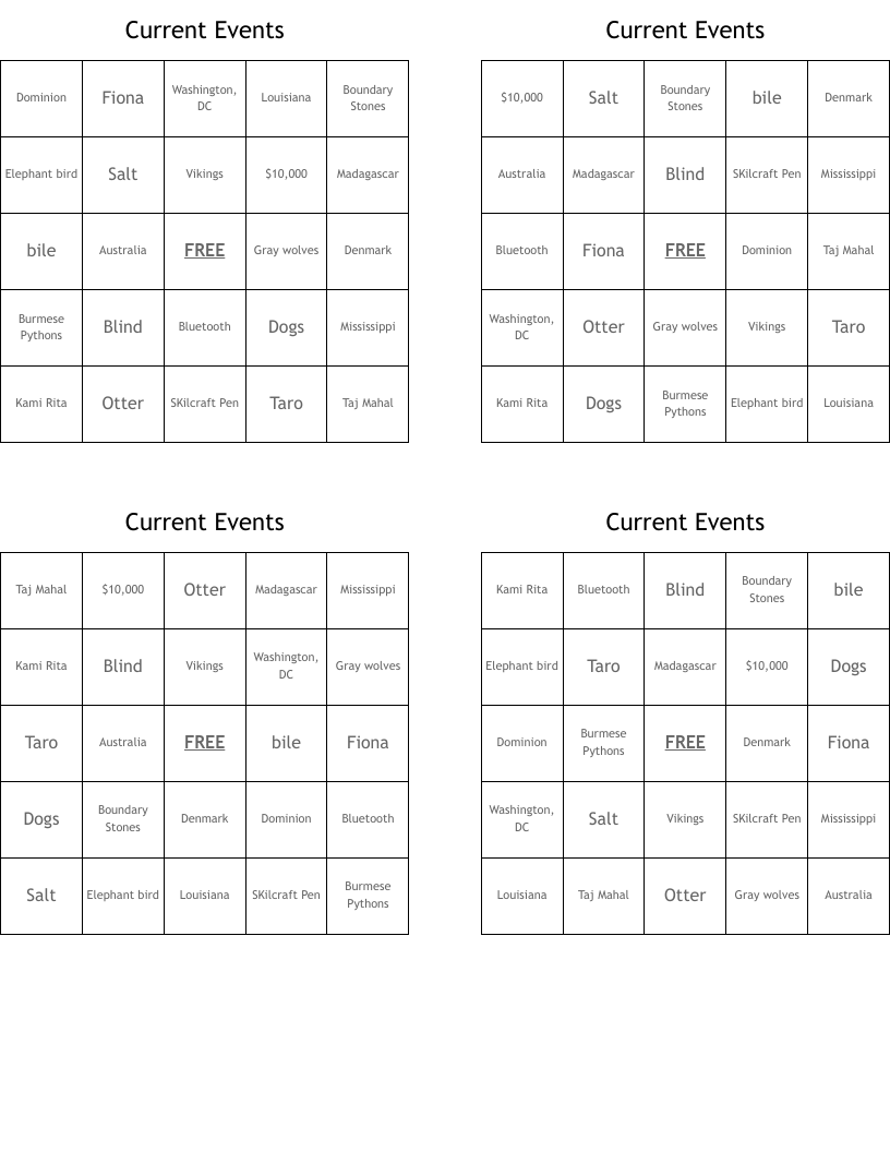 Current Events Bingo Cards