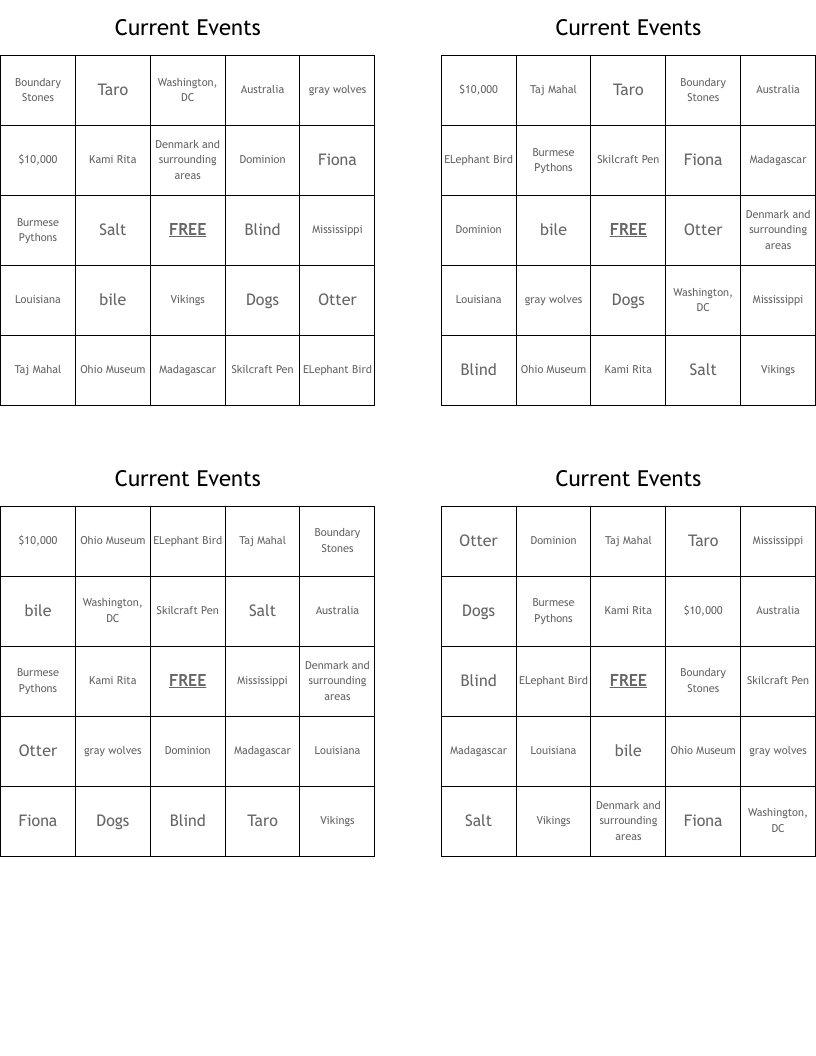 Current Events Bingo Cards