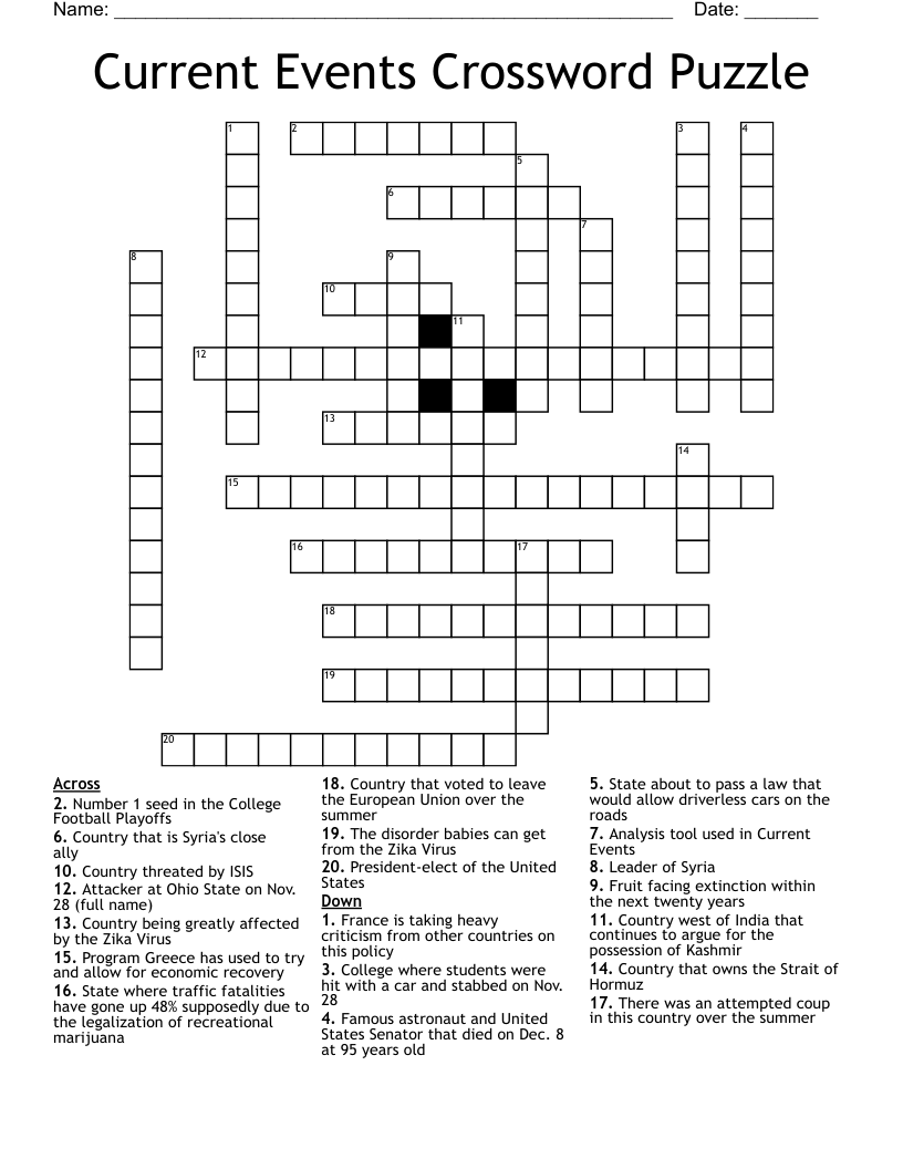 Current Events Crossword Puzzle