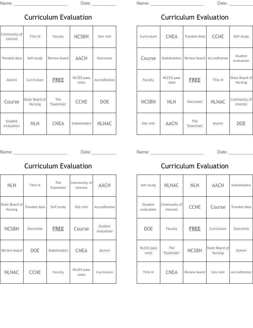 Curriculum Evaluation Bingo Cards