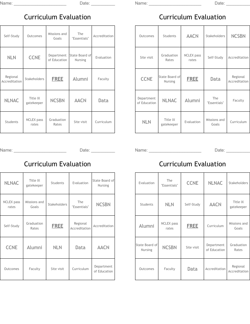 Curriculum Evaluation Bingo Cards