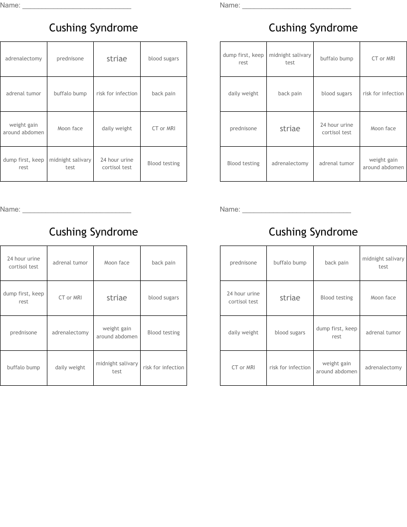 Cushing Syndrome Bingo Cards