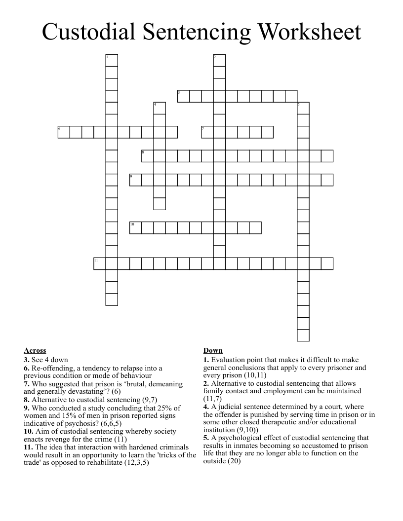 Custodial Sentencing Worksheet Crossword