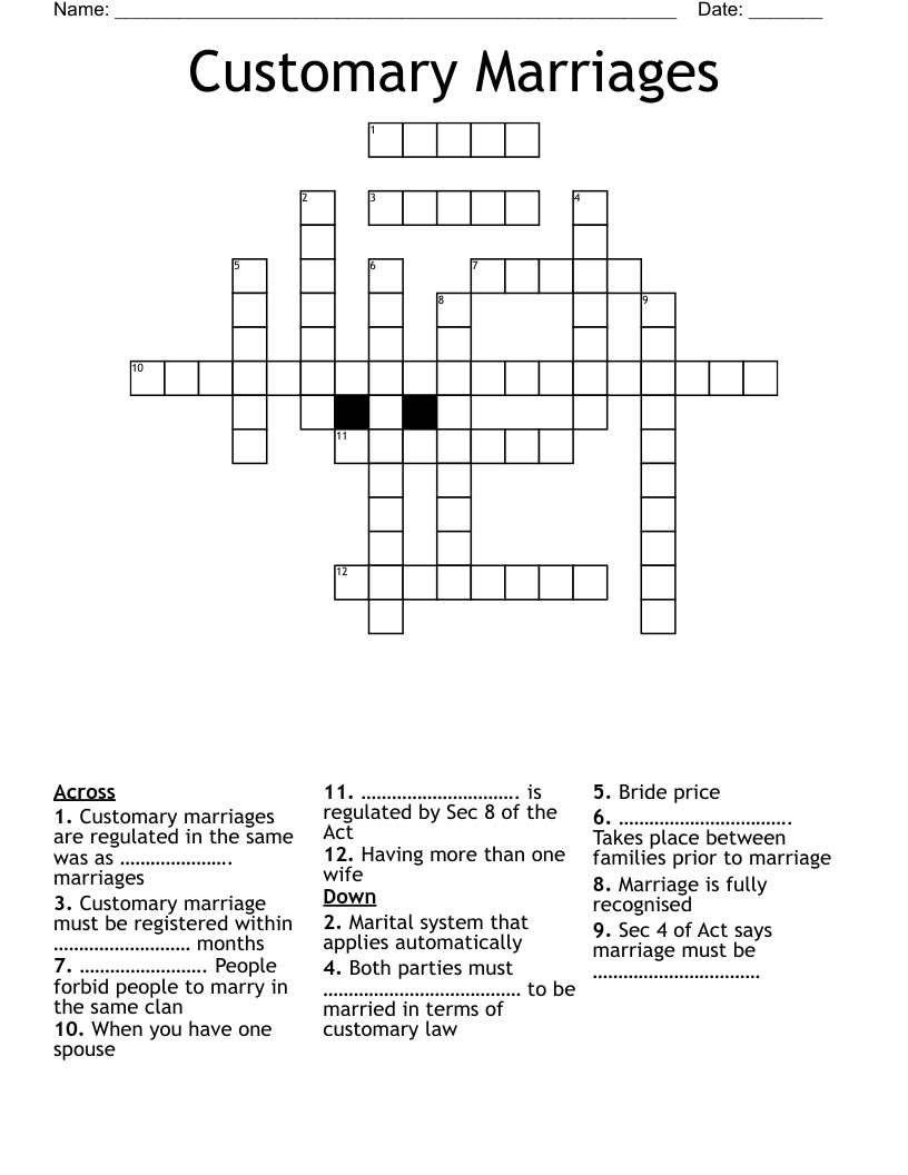 Customary Marriages Crossword