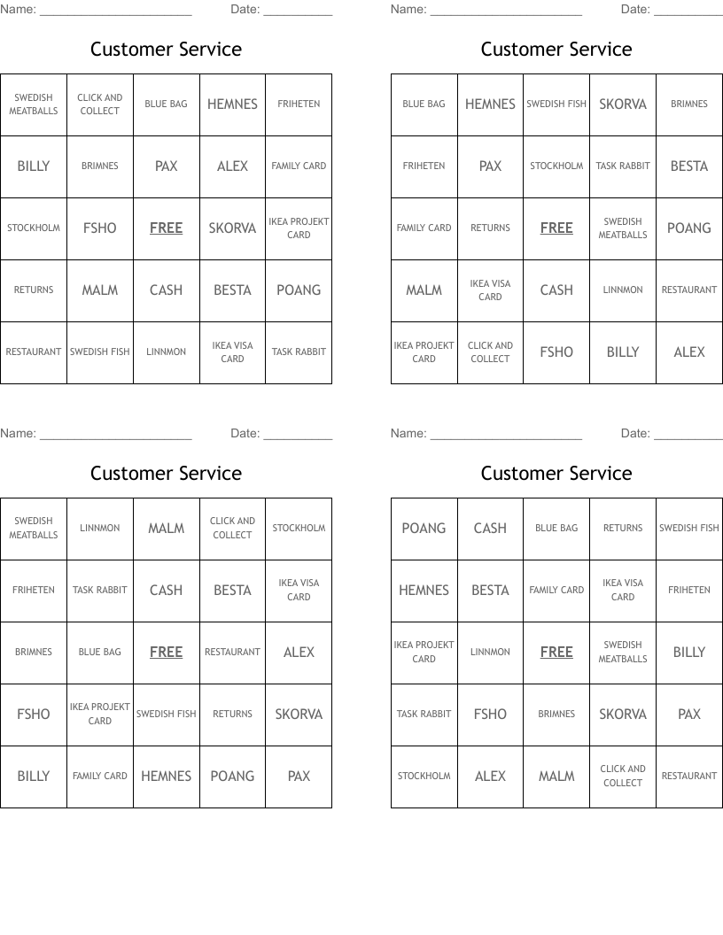 Customer Service Bingo Cards