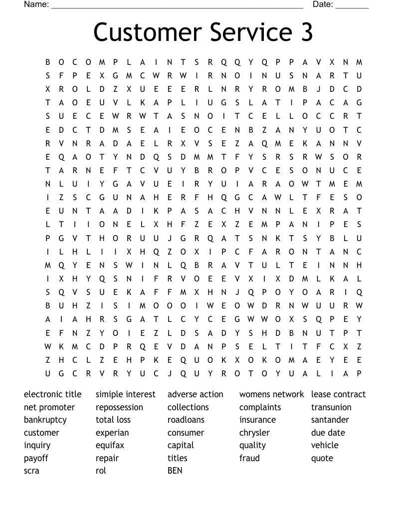 Customer Service 3 Word Search