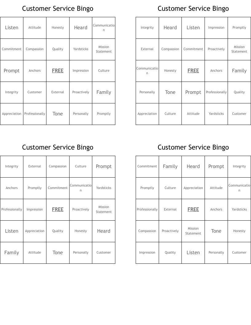 Customer Service Bingo