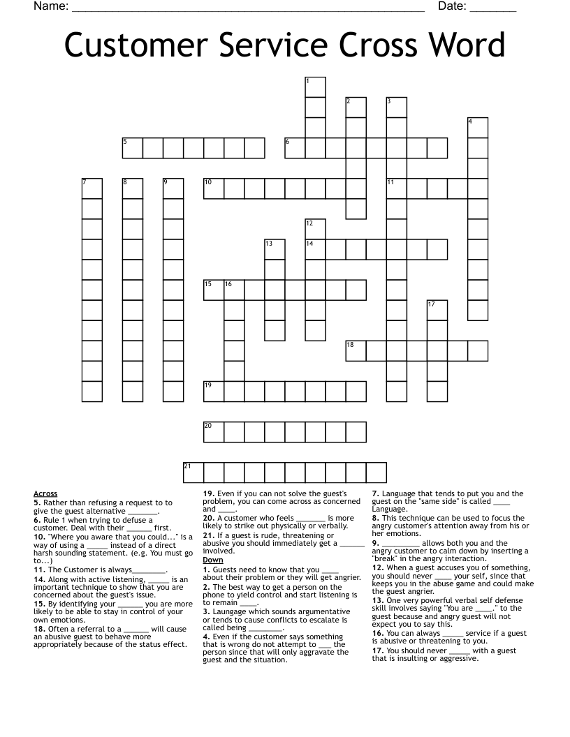 Customer Service Cross Word 