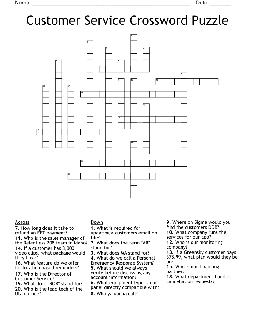 Customer Service Crossword Puzzle