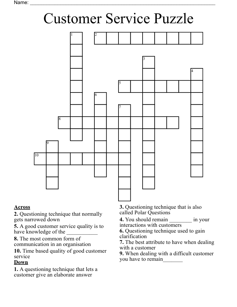Customer Service Puzzle Crossword