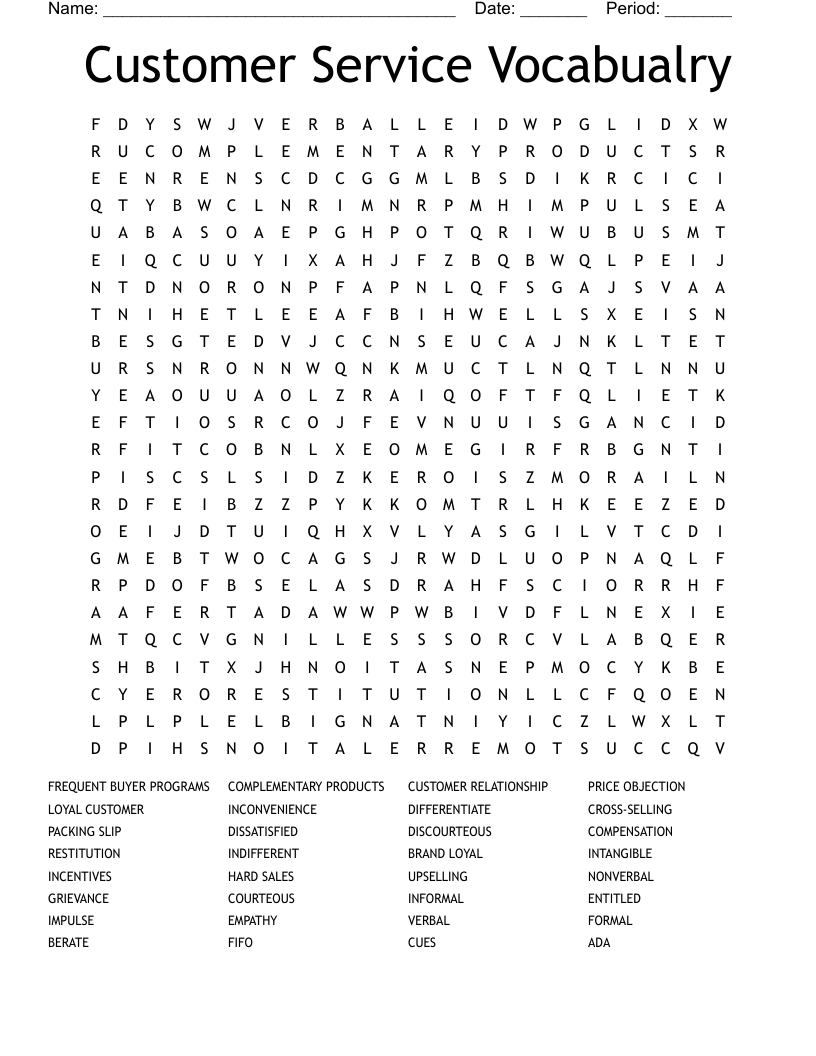 Customer Service Vocabualry Word Search
