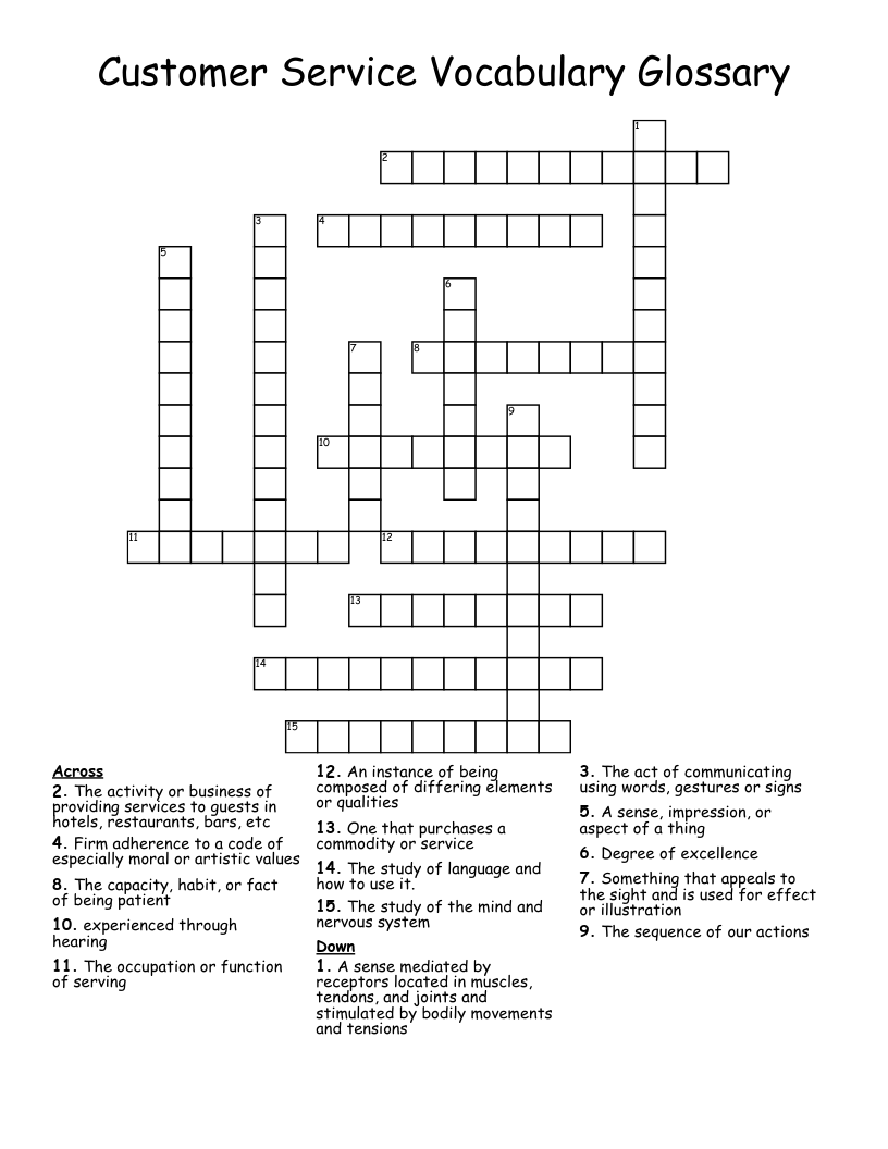 Customer Service Vocabulary Glossary  Crossword