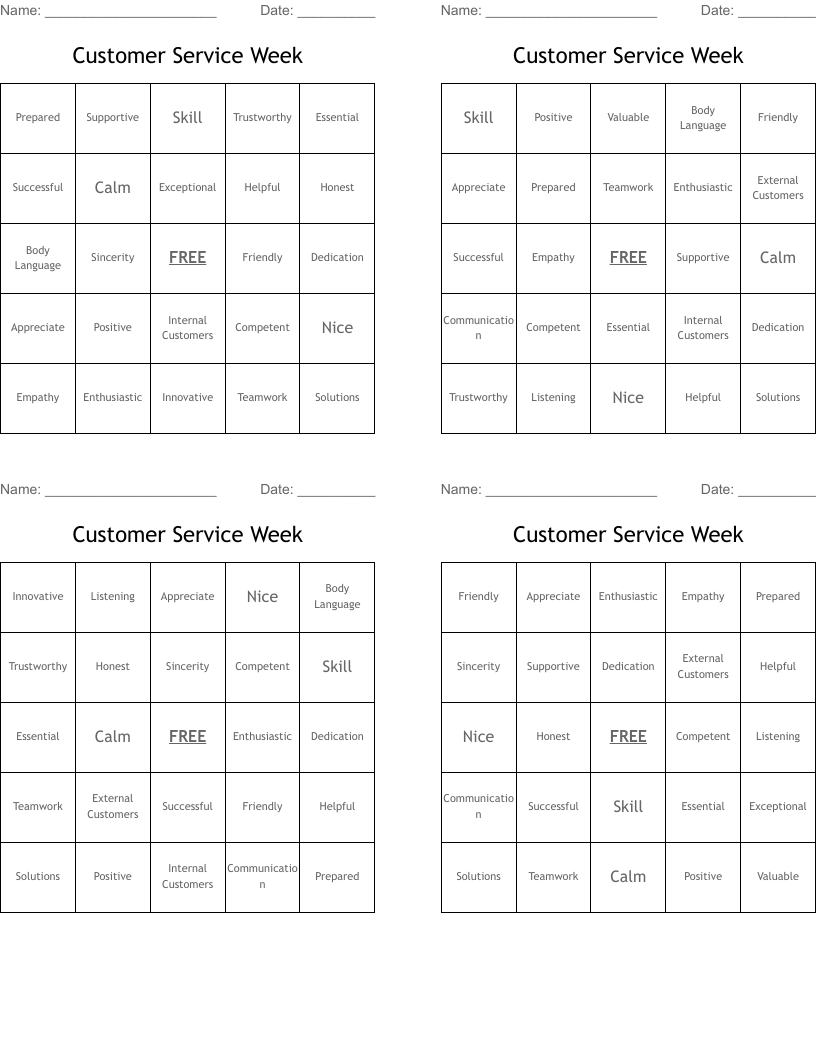 Customer Service Week Bingo Cards