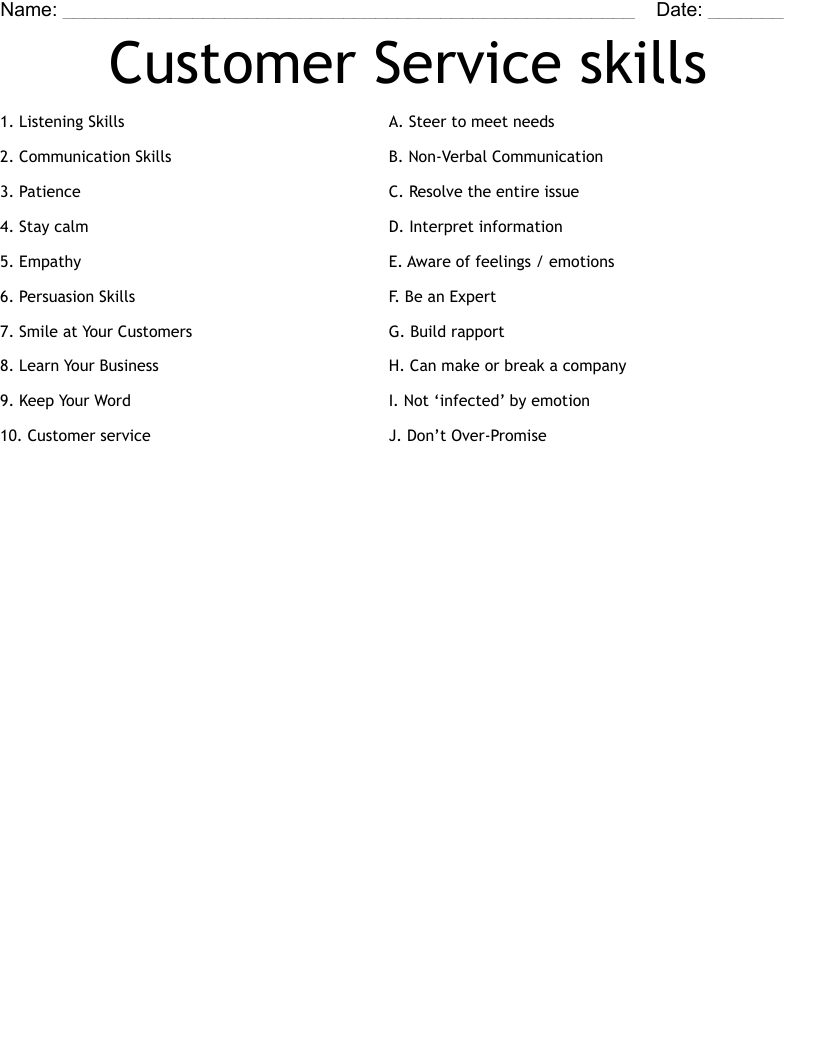 Customer Service skills Worksheet