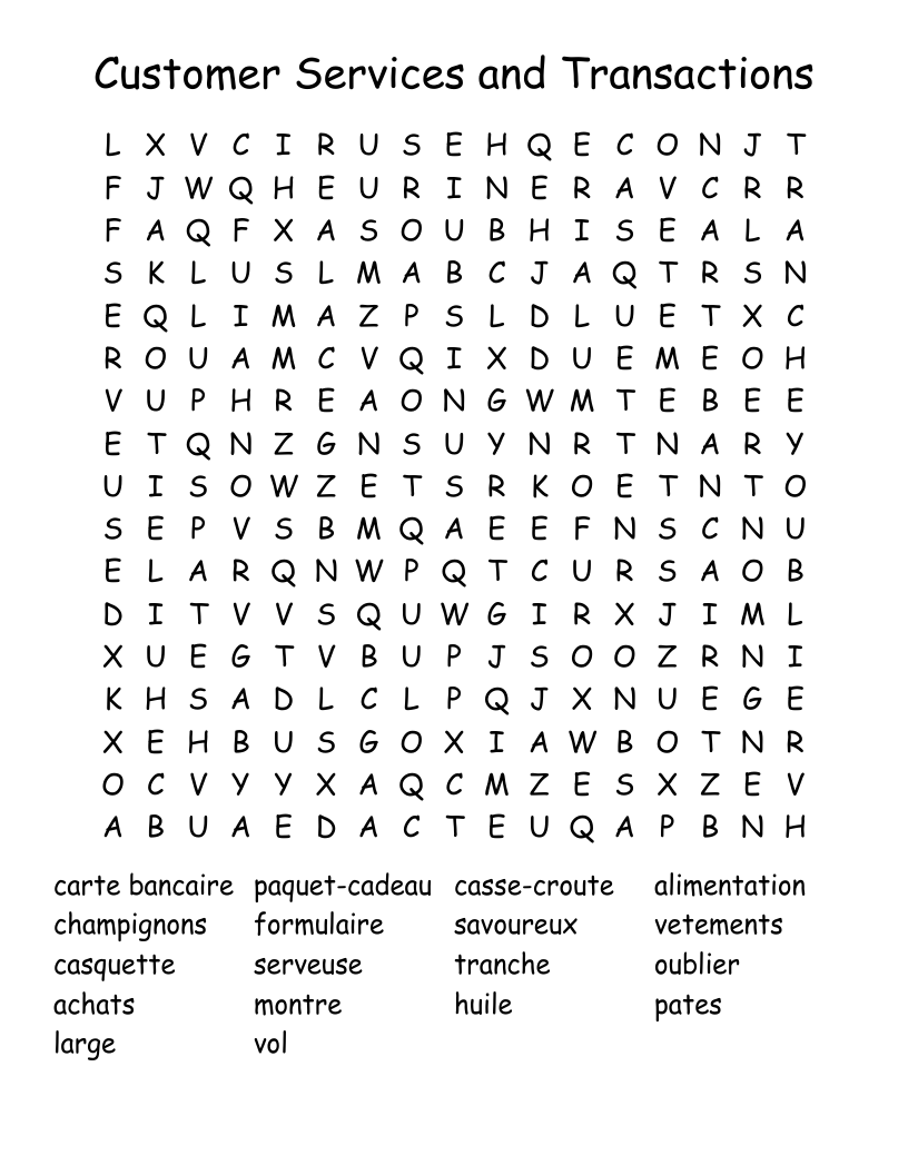 Customer Services and Transactions Word Search