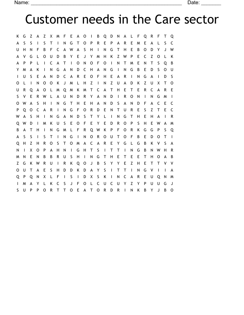 Customer needs in the Care sector Word Search
