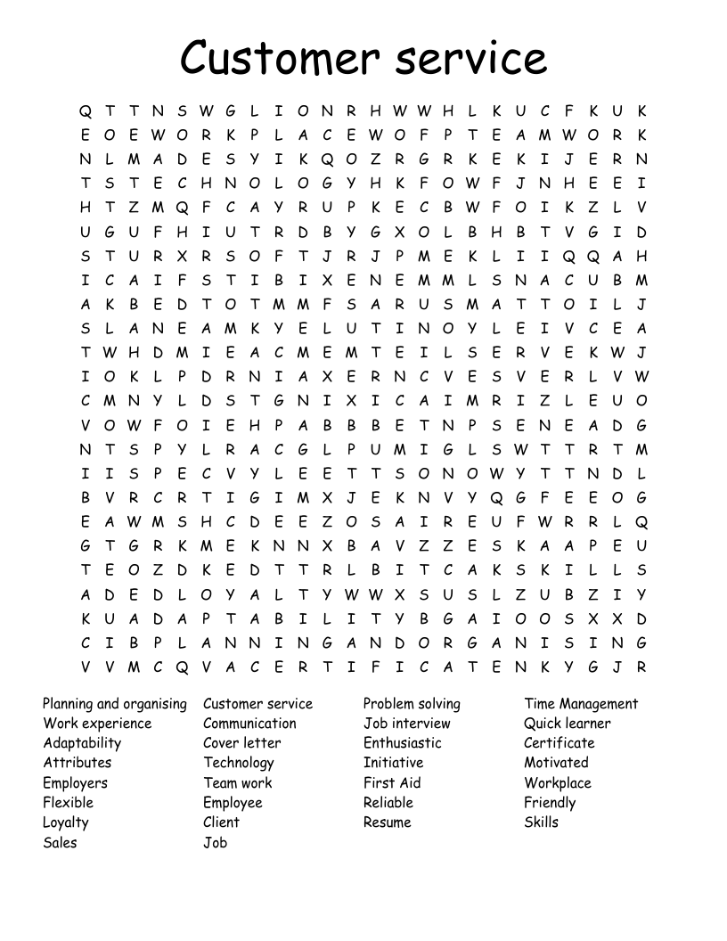 Customer service  Word Search