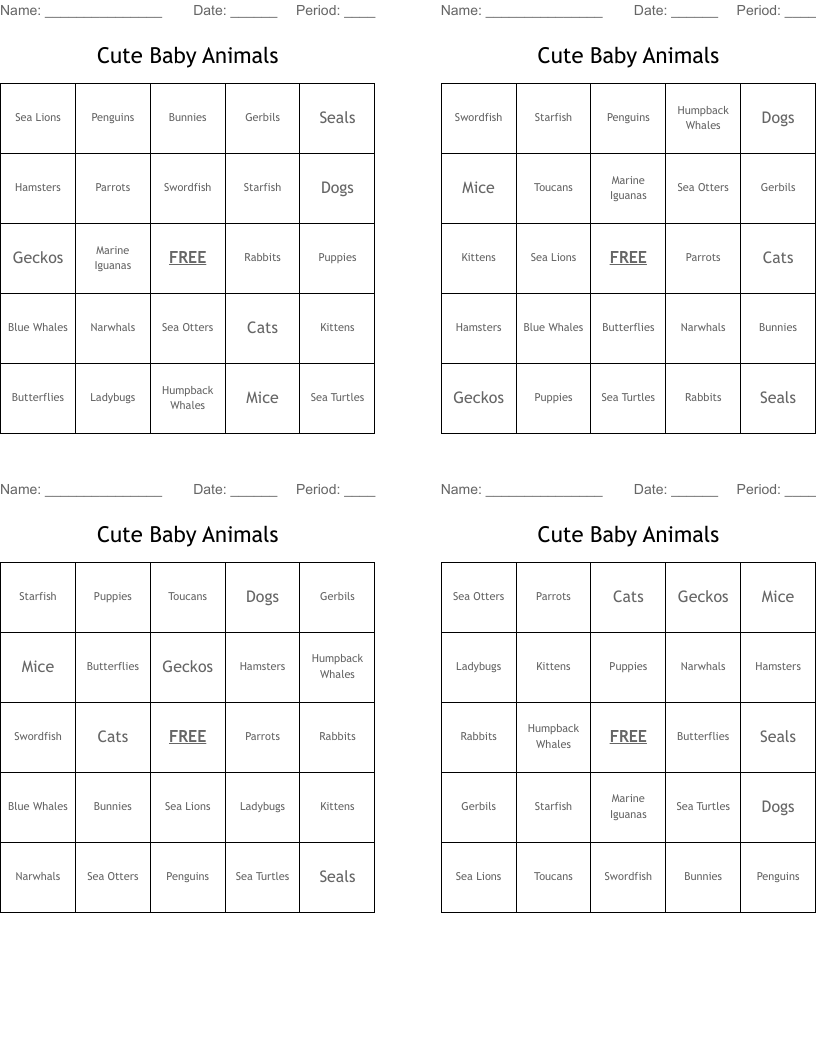 Cute Baby Animals Bingo Cards