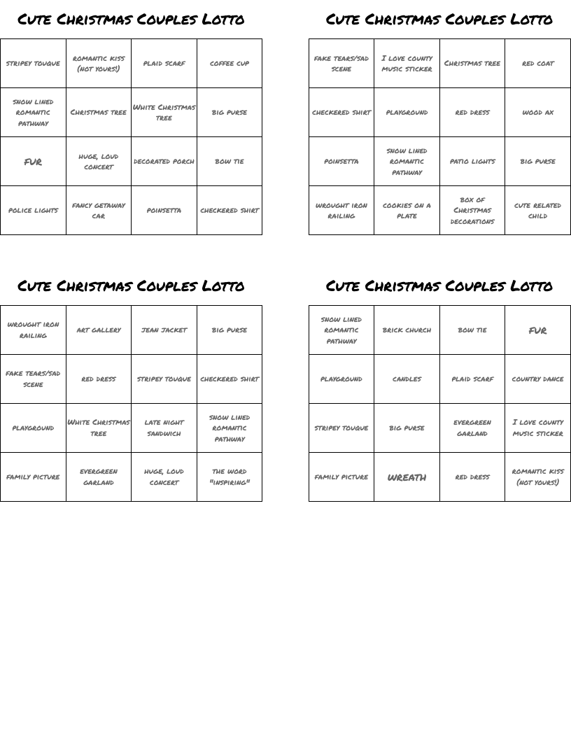 Cute Christmas Couples Lotto Bingo Cards