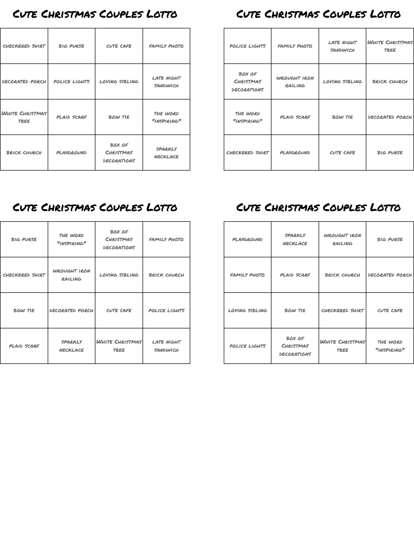 Cute Christmas Couples Lotto Bingo Cards