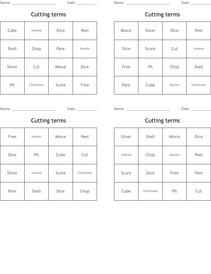 Cutting terms Bingo Cards