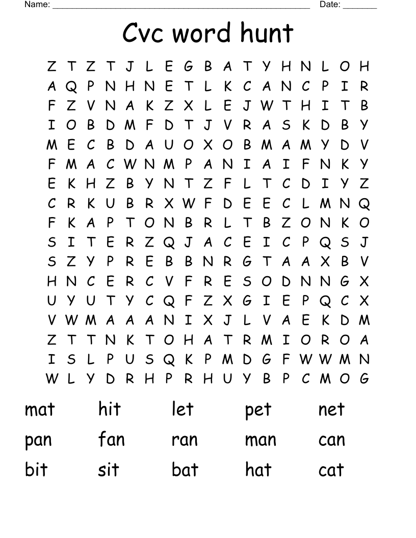 Cvc word hunt Word Search