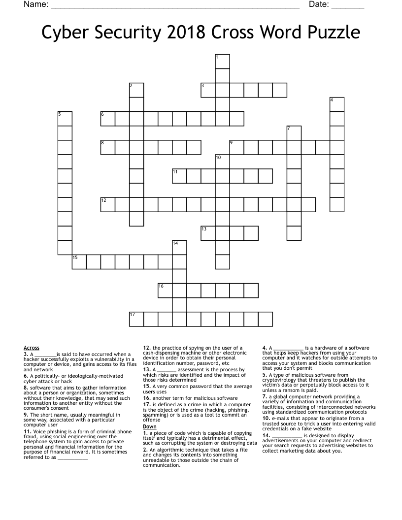 Cyber Security 2018 Cross Word Puzzle