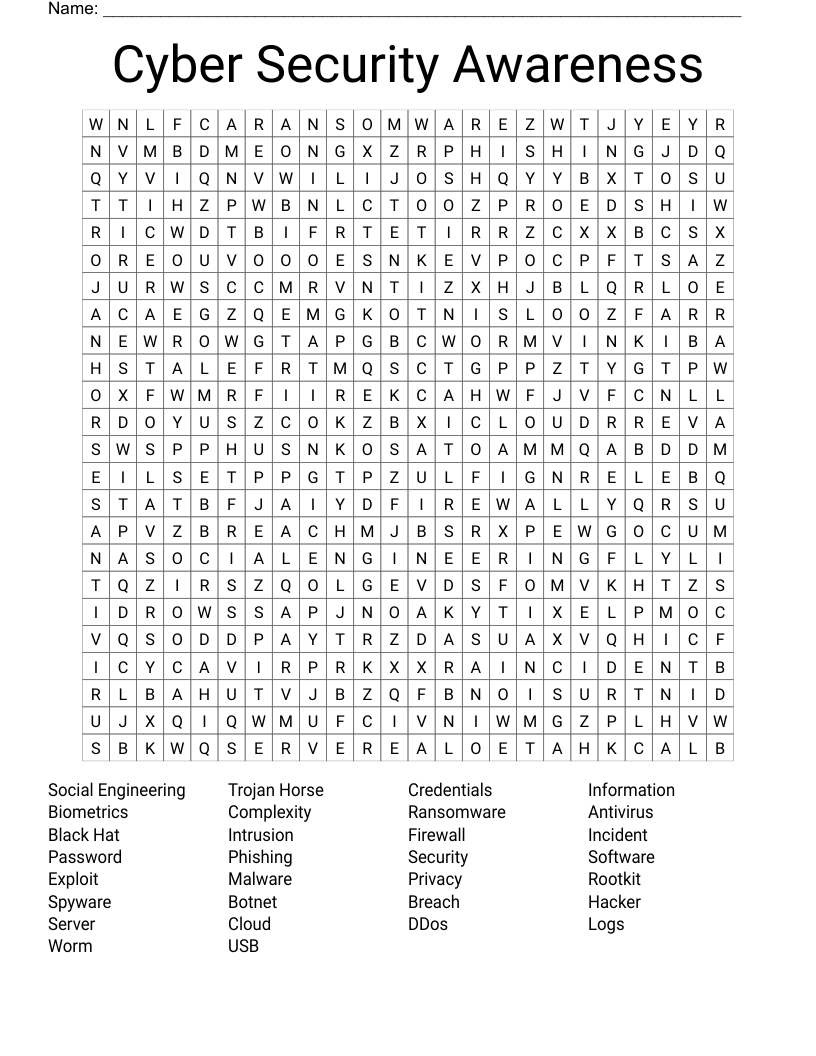 Cyber Security Awareness Word Search