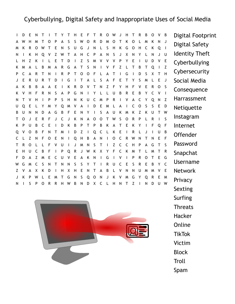 Cyberbullying, Digital Safety and Inappropriate Uses of Social Media Word Search