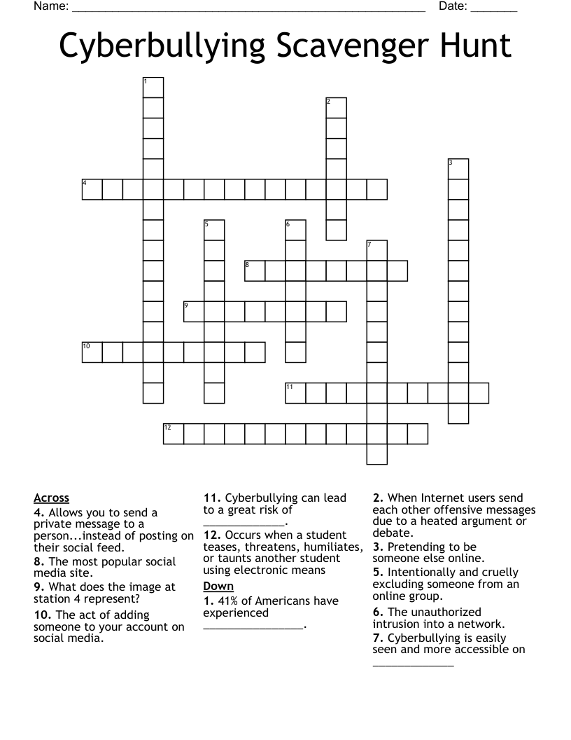 Cyberbullying Scavenger Hunt Crossword