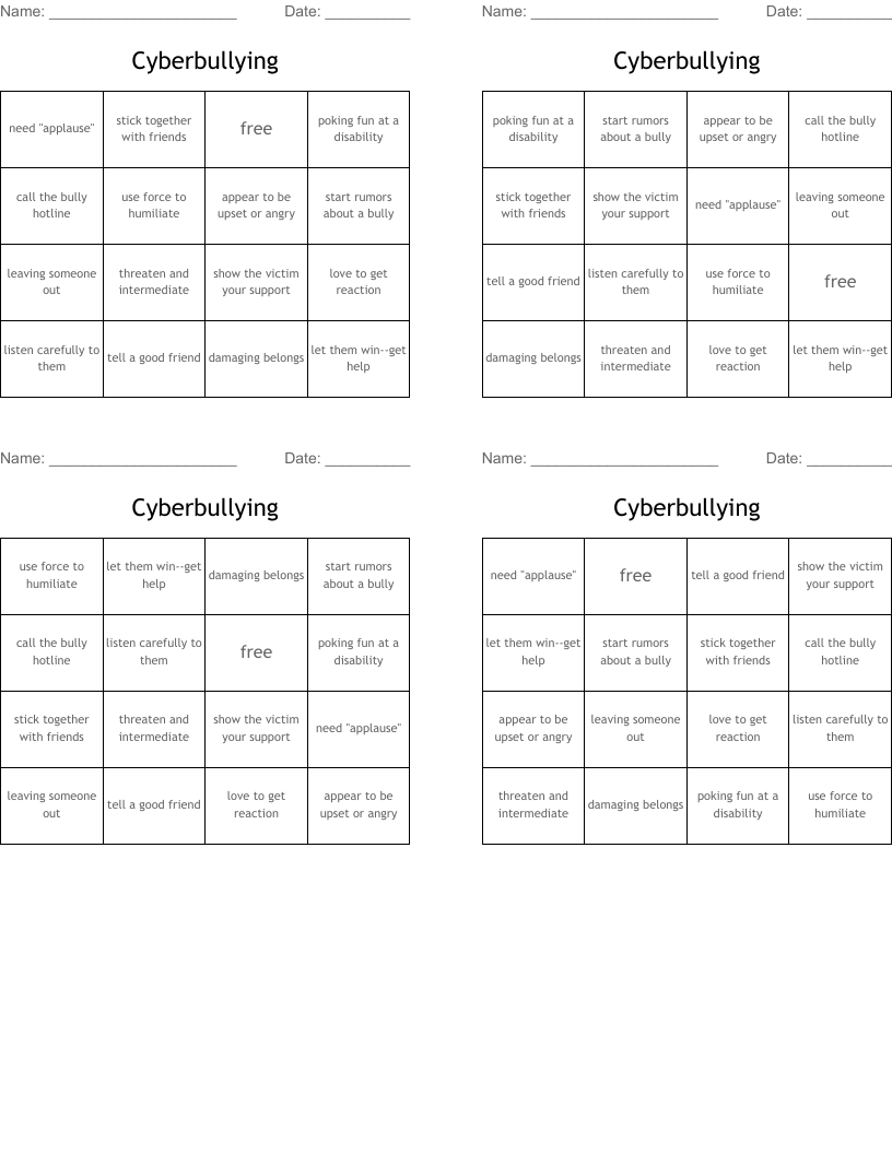 Cyberbullying  Bingo Cards