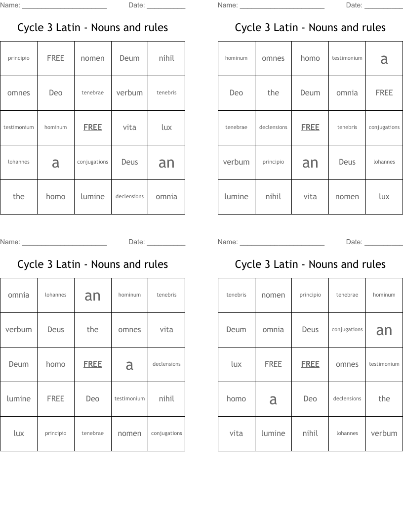 Cycle 3 Latin - Nouns and rules Bingo Cards