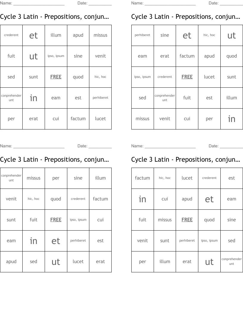 Cycle 3 Latin - Prepositions, conjunctions, pronouns, and verbs Bingo Cards