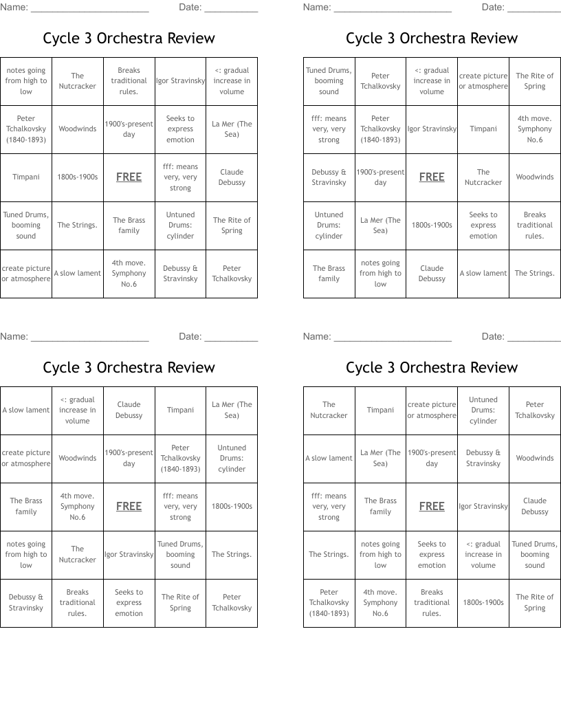 Cycle 3 Orchestra Review Bingo Cards