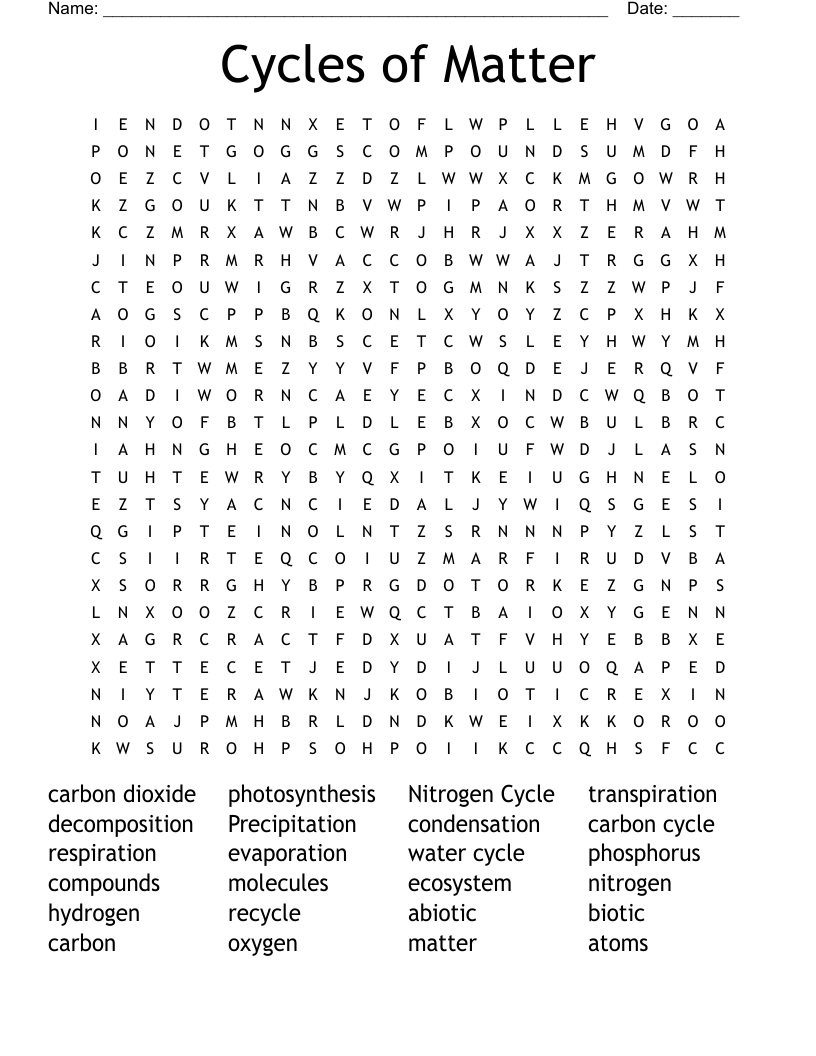 Cycles of Matter  Word Search