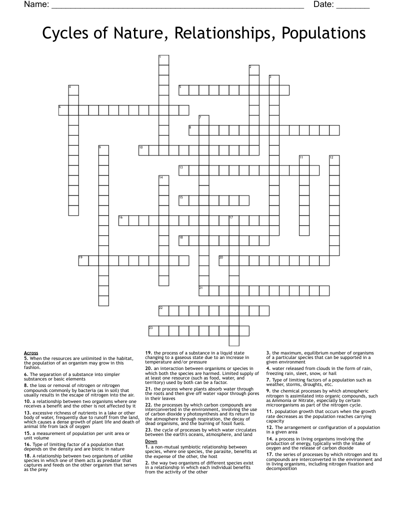 Cycles of Nature, Relationships, Populations Crossword
