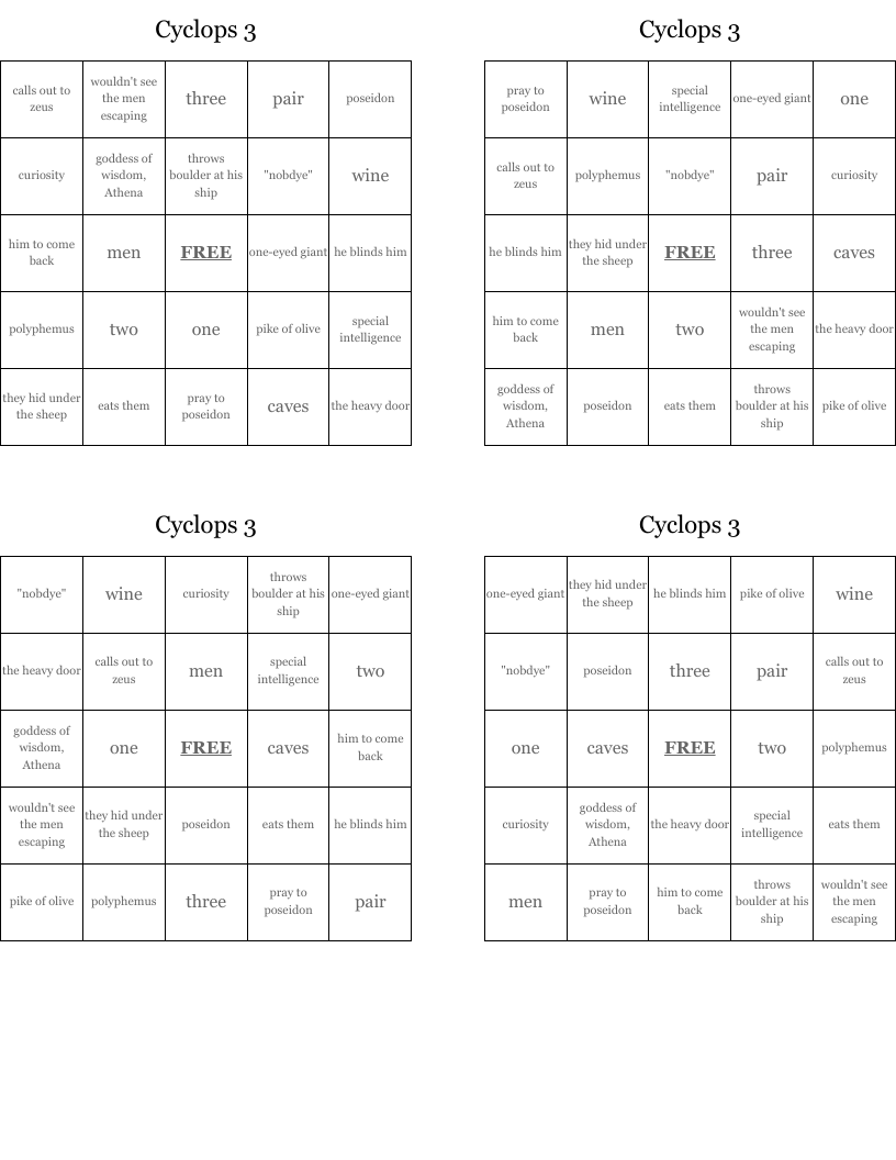 Cyclops 3 Bingo Cards
