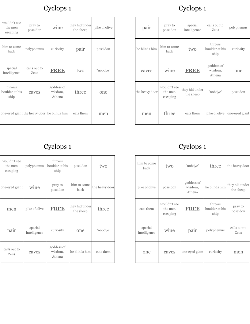 Cyclops  1  Bingo Cards