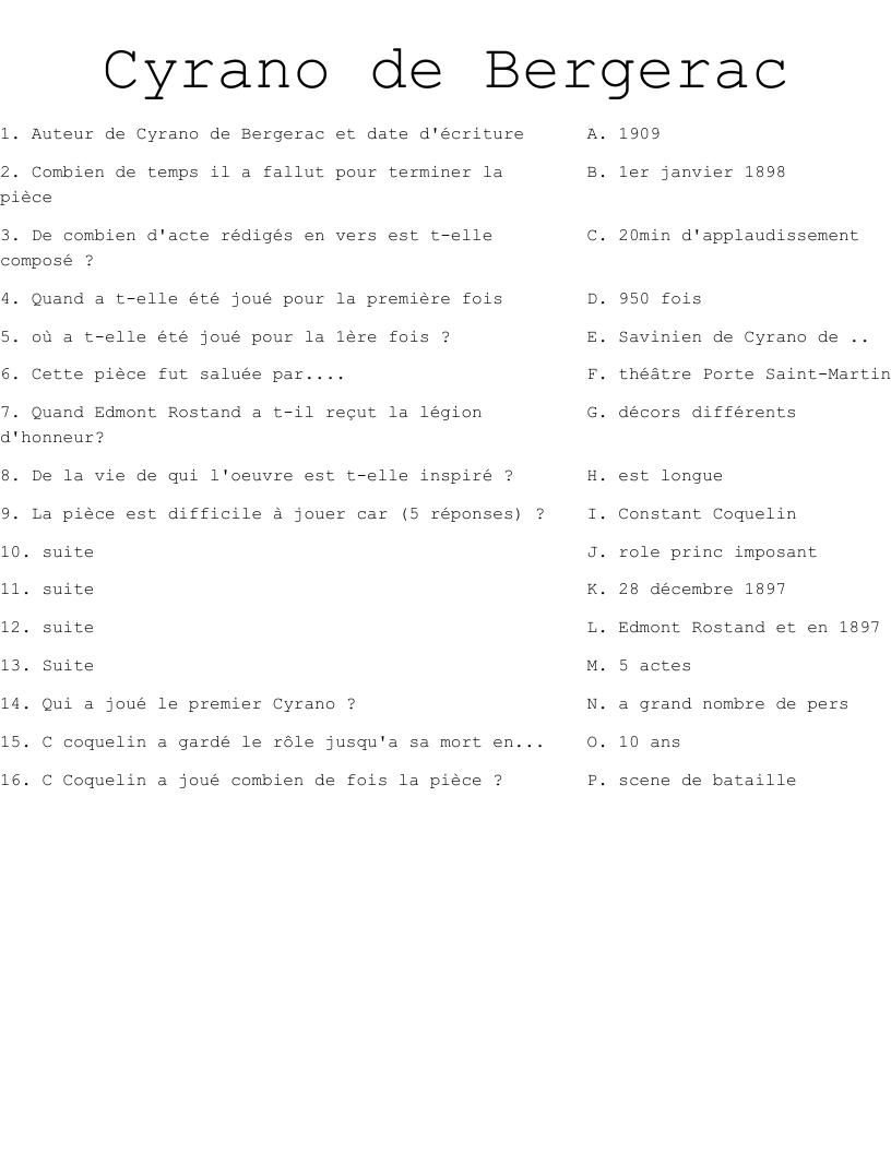 Cyrano de Bergerac Worksheet