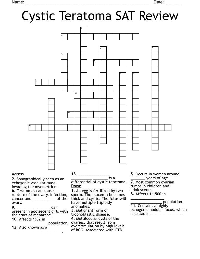 Cystic Teratoma SAT Review Crossword