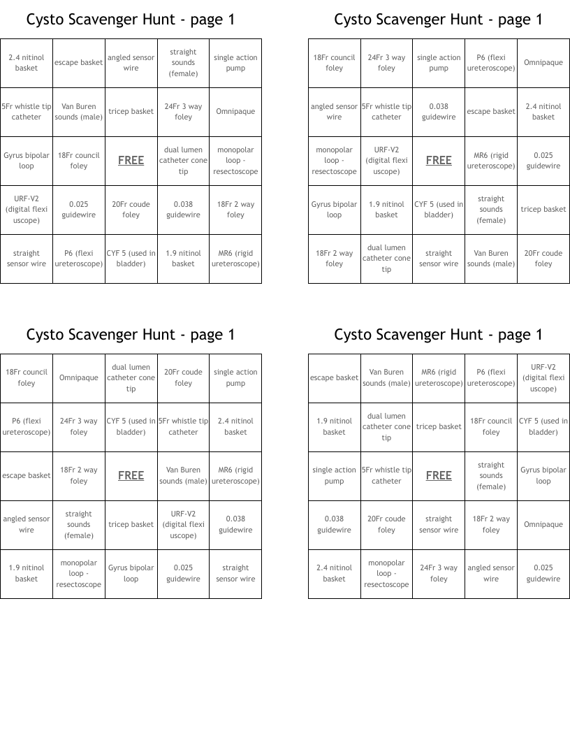 Cysto Scavenger Hunt - page 1 Bingo Cards